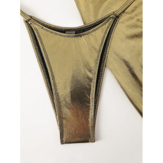 Damen Glänzender Triangel-Bikini mit Raffung und verspieltem Rock EB