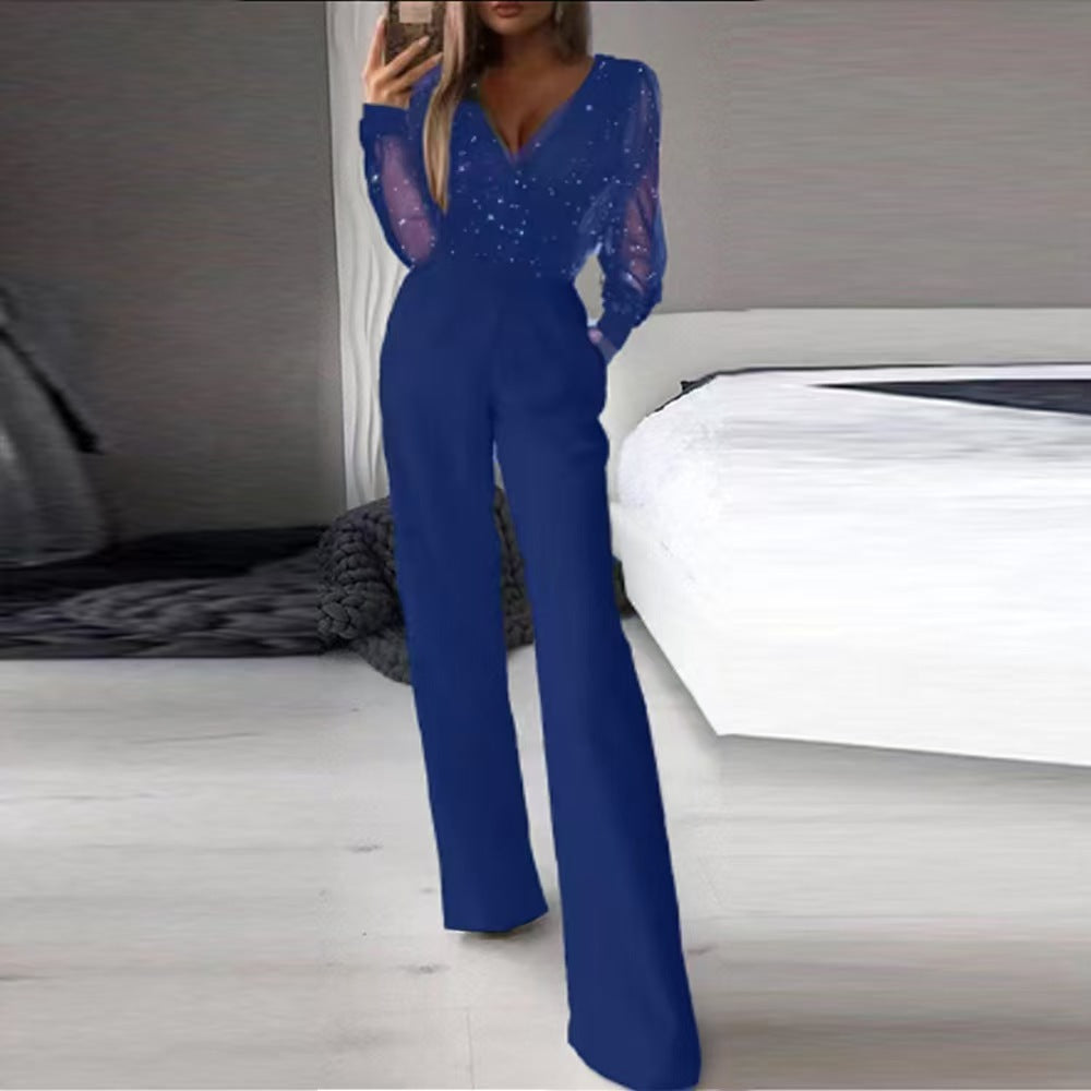 Damen Eleganter Jumpsuit mit transparenten Ärmeln und funkelnden Details EB