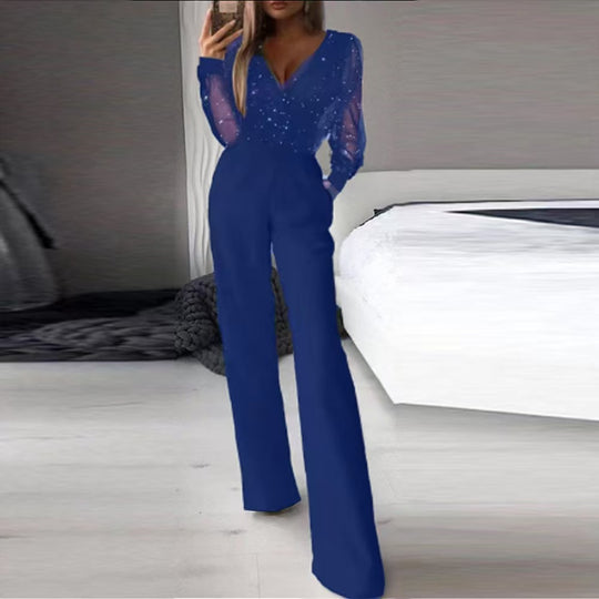Damen Eleganter Jumpsuit mit transparenten Ärmeln und funkelnden Details EB