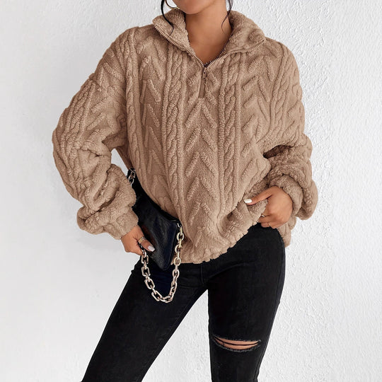 Damen Kuscheliger Fleece-Pullover mit hohem Kragen und Zipper-Detail EB