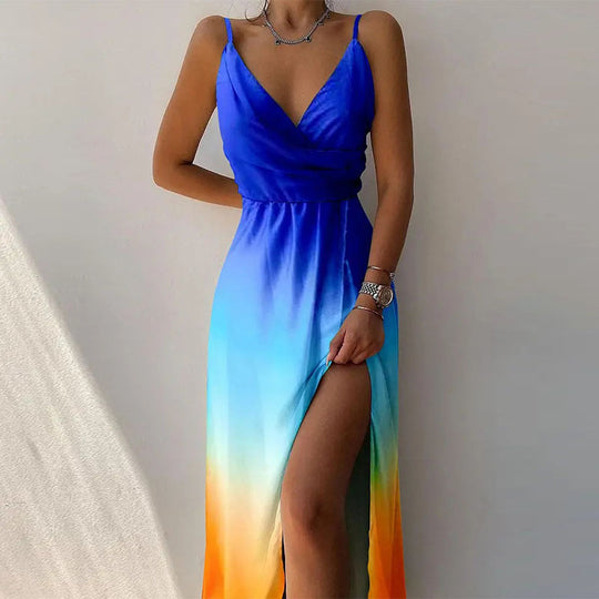 EB | Kleid mit Hosenträgern und V-Ausschnitt mit geteiltem Print