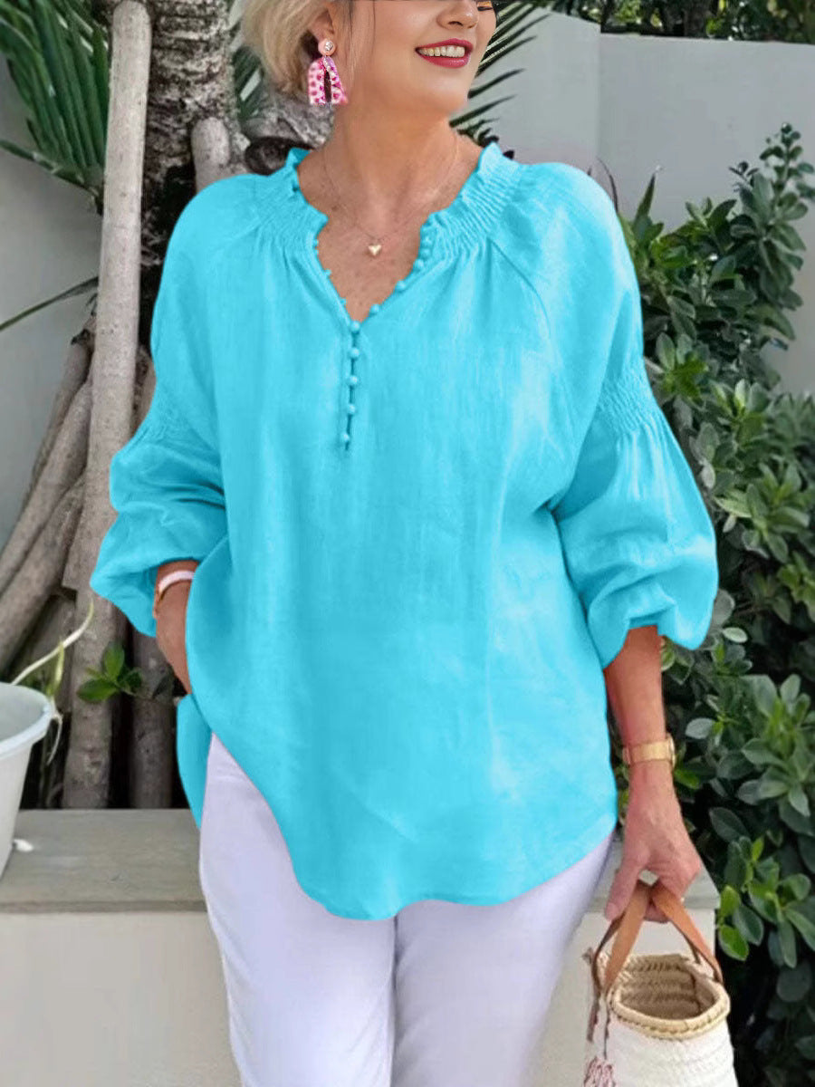 Damen Leichte Bluse mit elastischen Puffärmeln und Knopfleiste EB
