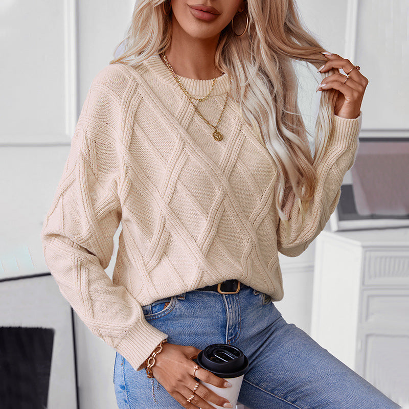 Damen nan grobstrukturierter Strickpullover mit großem Rautenmuster, geripptem Saum und Rundhalsausschnitt EB