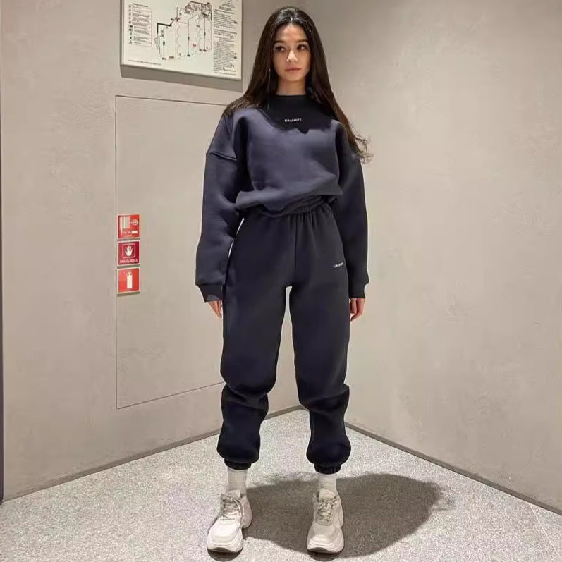 Damen nan Oversized kurz geschnittenes Sweatshirt mit High Waist Fleece Jogginghose Set EB