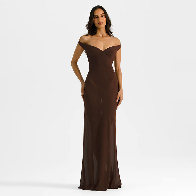 Damen Off-Shoulder Maxikleid mit figurbetontem Schnitt und hochwertigem Stoff EB