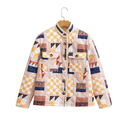 Damen gesteppte Übergangsjacke mit buntem Patchwork-Muster und großen Taschen EB