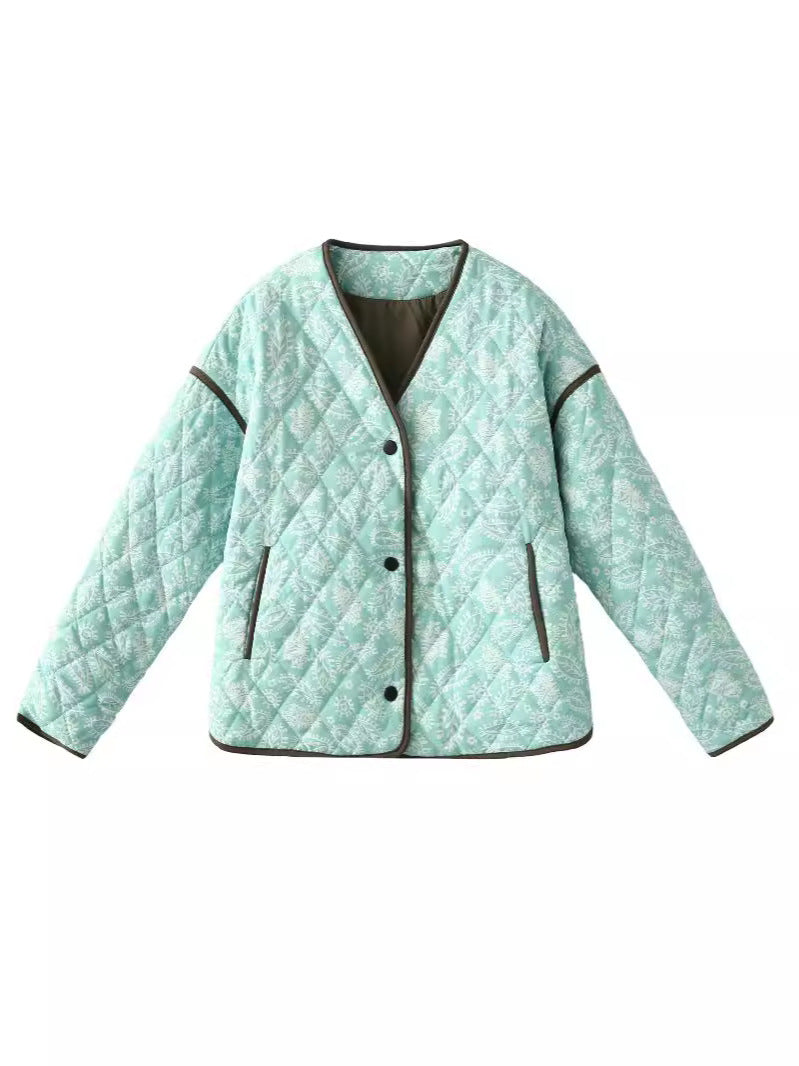 Damen gesteppte Herbstjacke mit einzigartigem floralen Muster und praktischen Taschen EB