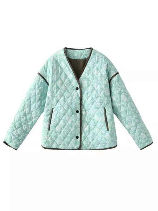 Damen gesteppte Herbstjacke mit einzigartigem floralen Muster und praktischen Taschen EB