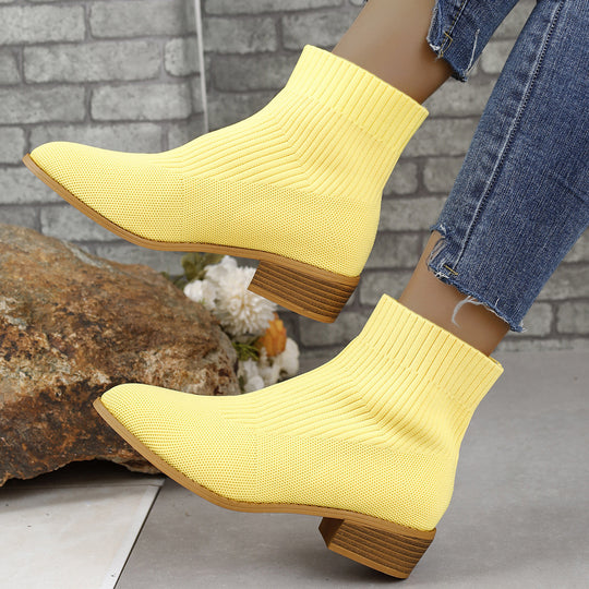 Damen nan gestrickte Sock-Ankleboots mit elastischem Schaft und niedrigem Holzblockabsatz EB