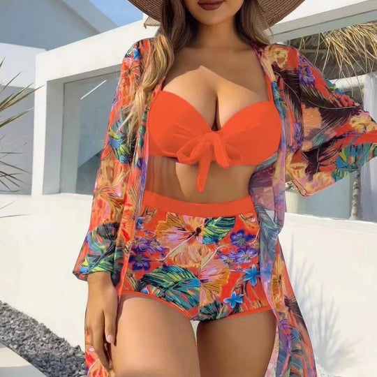 Damen Hochtailliertes Bikini-Set mit floralem Design und Bändchen EB