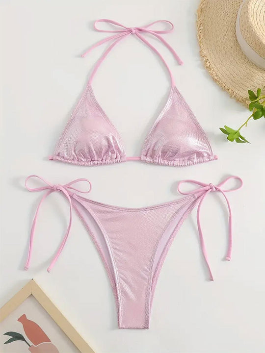 Damen Triangel-Bikini mit glitzerndem Mesh-Design und verstellbaren Bindebändern EB