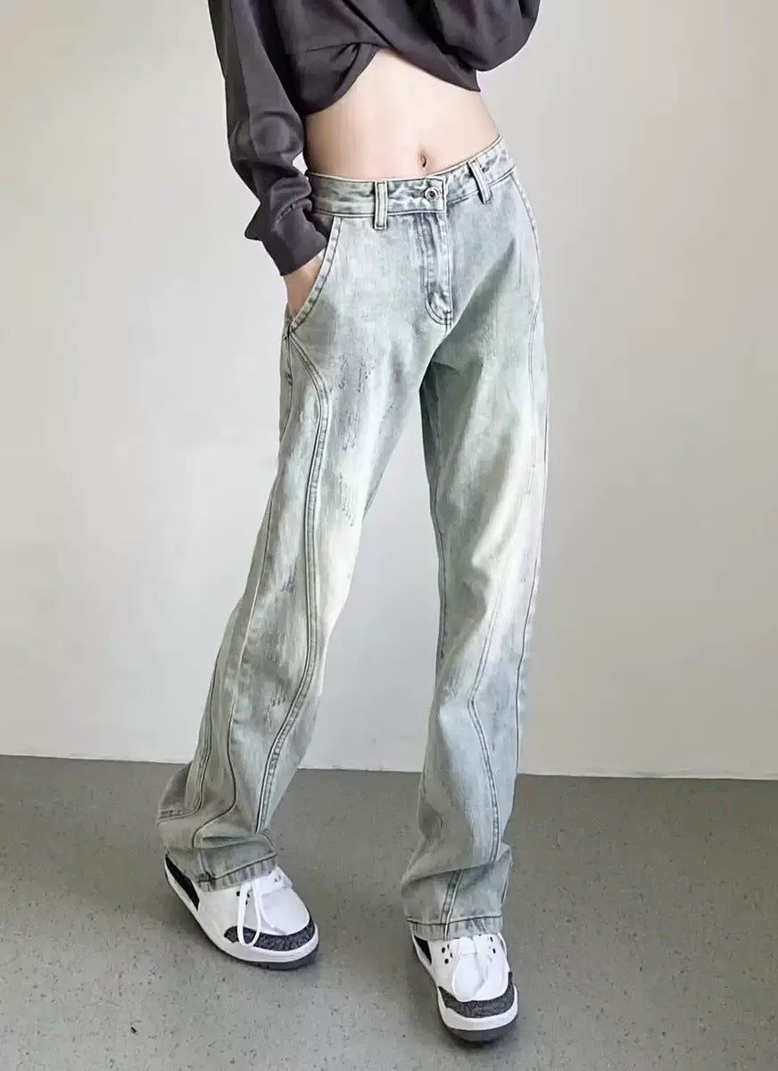 Damen weite High-Waist Denim-Jeans mit distressed Optik und bequemen Seitentaschen EB