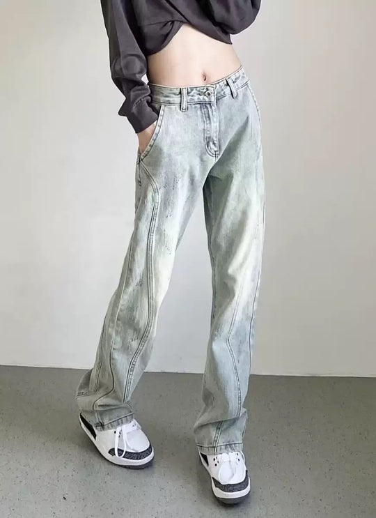 Damen weite High-Waist Denim-Jeans mit distressed Optik und bequemen Seitentaschen EB