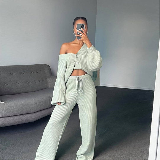 Damen Geripptes Strick-Loungewear-Set mit geknöpftem Cropped-Cardigan und High‑Waist Kordelhose EB
