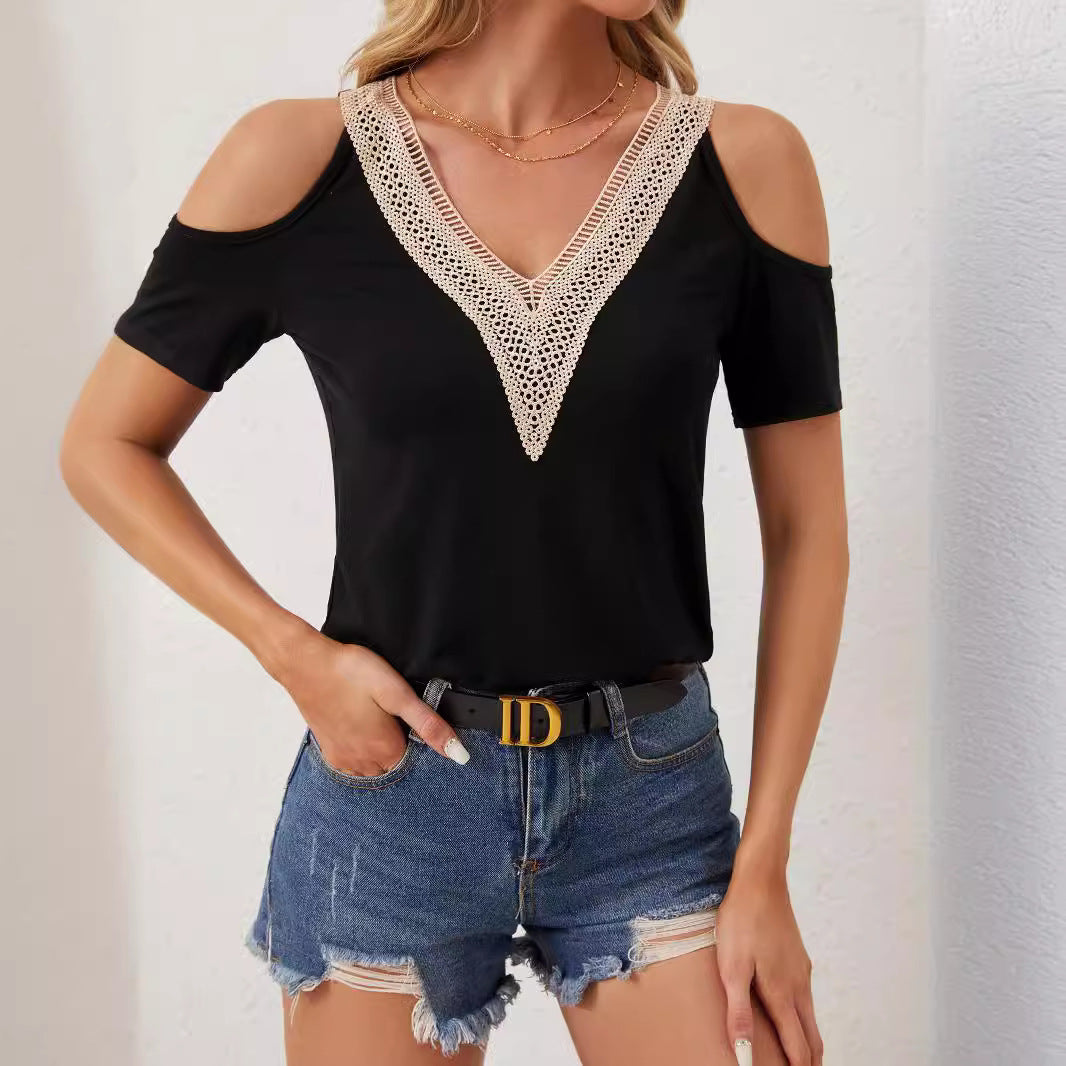 Damen nan leichtes Jerseyshirt mit offenen Schultern, tiefem V-Ausschnitt und gehäkeltem V‑Einsatz EB