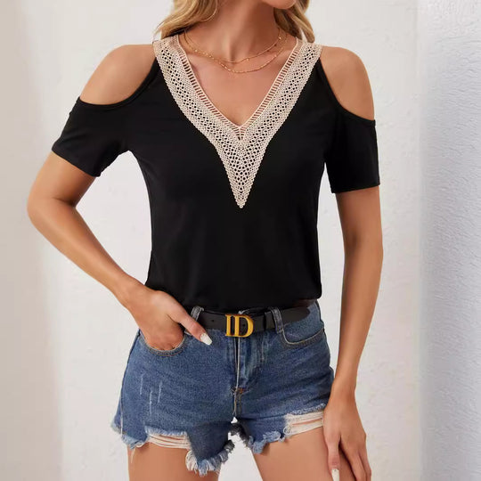 Damen nan leichtes Jerseyshirt mit offenen Schultern, tiefem V-Ausschnitt und gehäkeltem V‑Einsatz EB