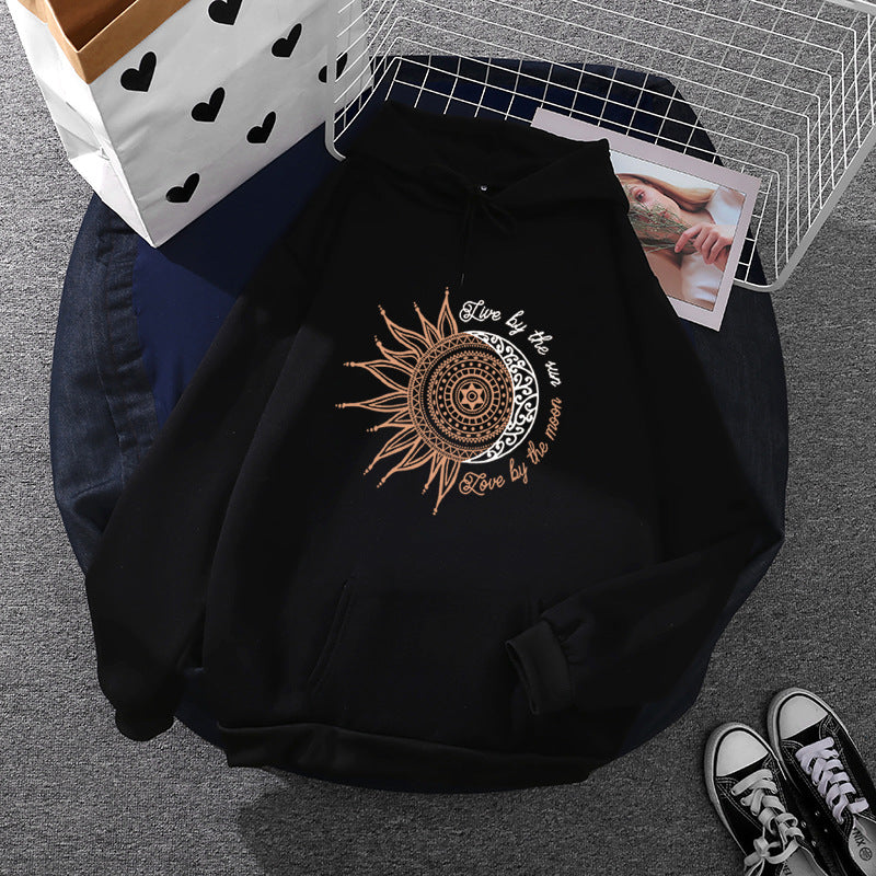 Damen nan Kapuzenpullover mit Sonn-und-Mond-Mandala, Kängurutasche und angerautem Fleece EB
