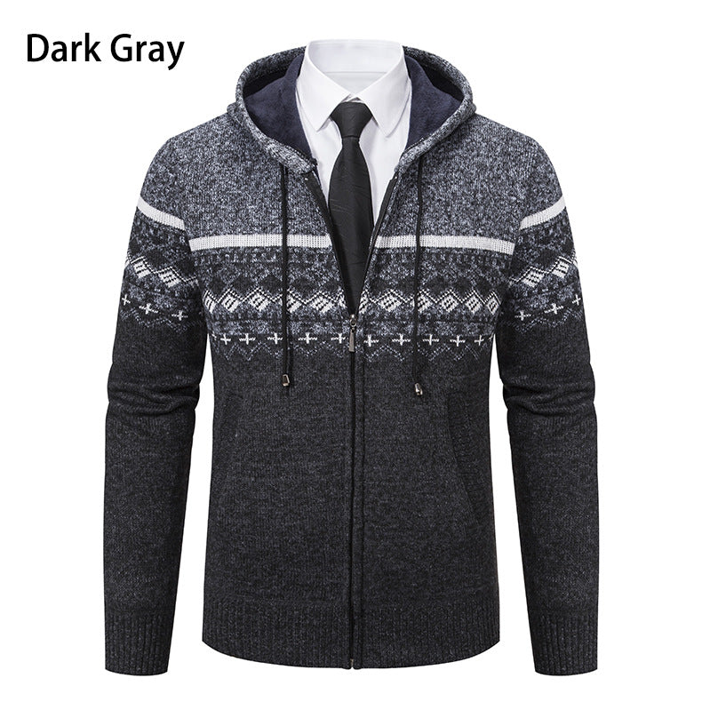 Herren stilvolle Strickjacke mit Kapuze und Norweger-Muster EB