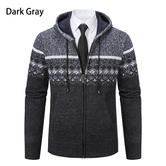 Herren stilvolle Strickjacke mit Kapuze und Norweger-Muster EB