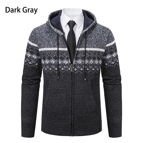 Herren stilvolle Strickjacke mit Kapuze und Norweger-Muster EB