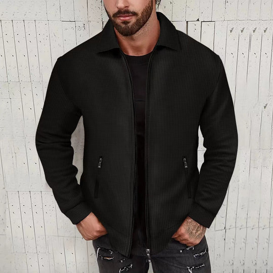 Herren nan minimalistische Stehkragen-Feinstrick-Übergangsjacke mit Zwei-Wege-Reißverschluss und verdeckten Reißverschlusstaschen EB