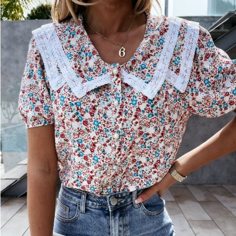 Damen Vintage-inspirierte Blumenbluse mit Spitzenkragen EB