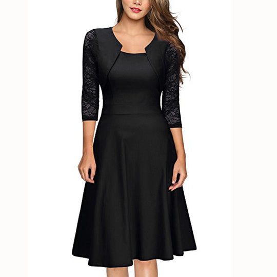 Damen Midi-Kleid mit Spitzenärmeln und schwingendem Rock EB