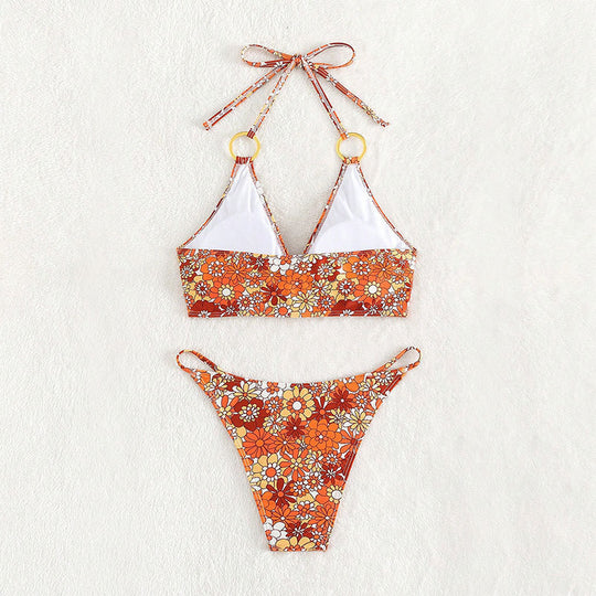 Damen Triangel-Bikini-Set mit floralem Muster und raffinierten Ringdetails EB