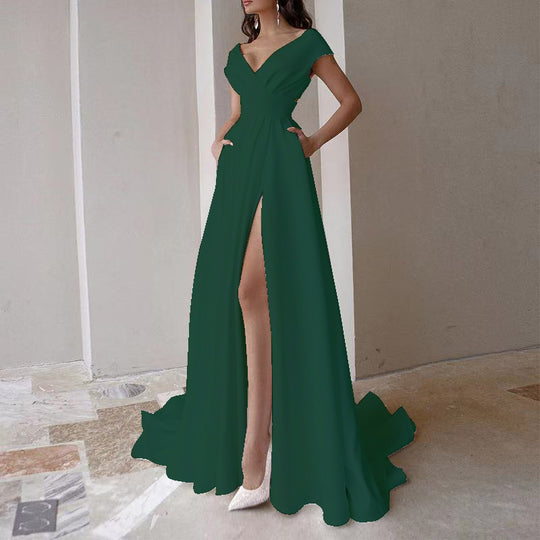 Damen elegantes Maxikleid mit tiefem V-Ausschnitt und seitlichem Schlitz EB