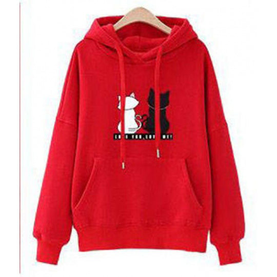 Damen Kapuzenpullover mit Katzen-Print, lockerem Schnitt und Kängurutasche EB