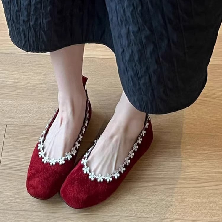 Damen bequeme Filz-Ballerinas mit zartem Blumenapplikationsdesign EB