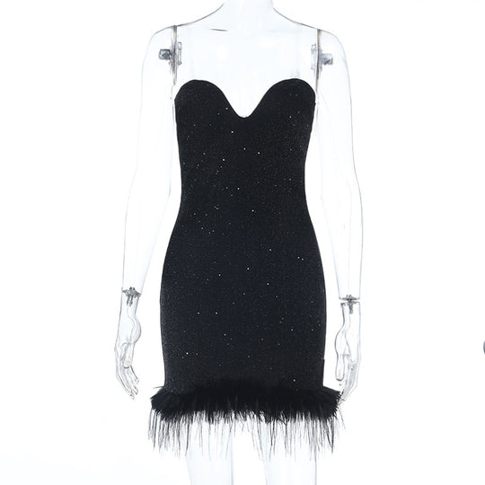 Damen Mini-Kleid mit herzförmigem Ausschnitt und Federn EB