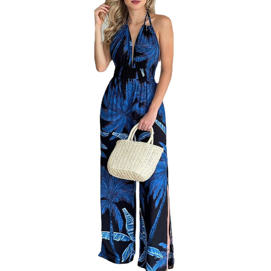 Damen eleganter Jumpsuit mit Spaghettiträgern und hohen Seitenschlitzen EB