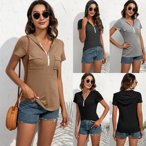Damen Kurzarm Hoodie-Oberteil mit praktischen Taschen und Reißverschluss EB