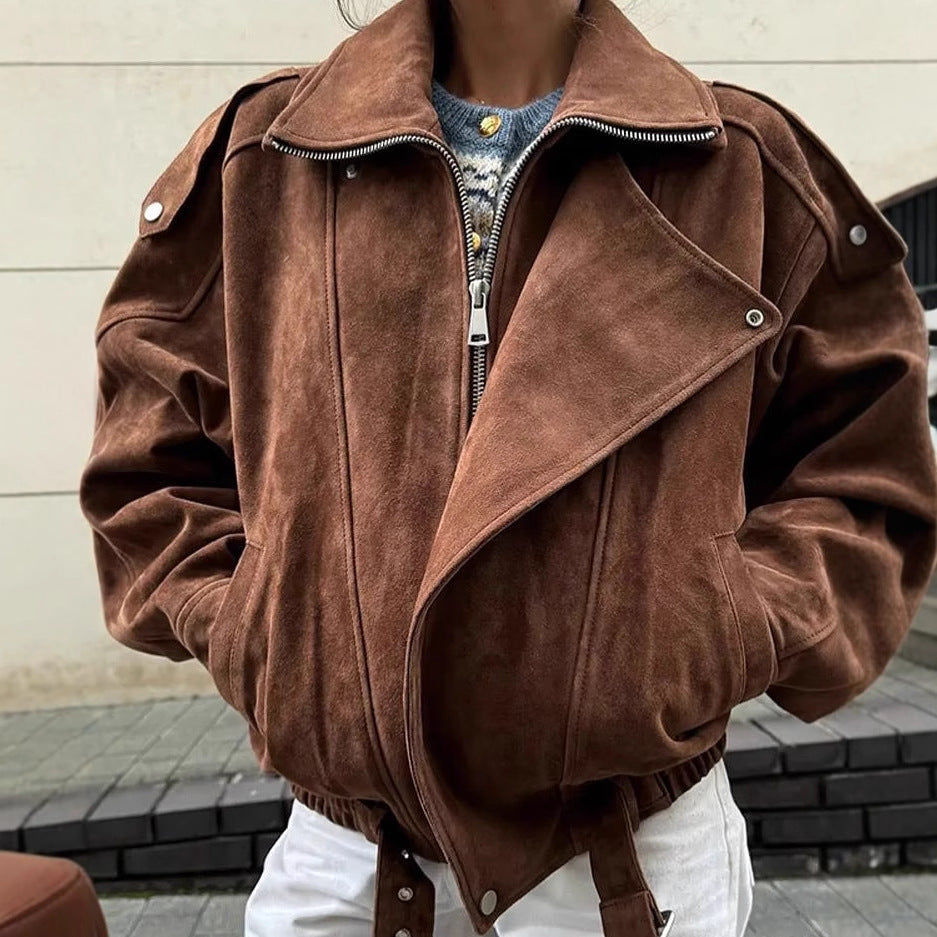 Damen oversized Kunstlederjacke mit elegantem Kragen und verstellbarem Taillenzug EB