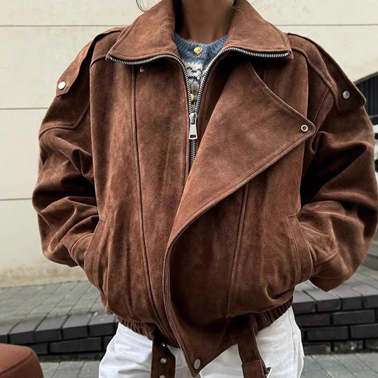 Damen oversized Kunstlederjacke mit elegantem Kragen und verstellbarem Taillenzug EB