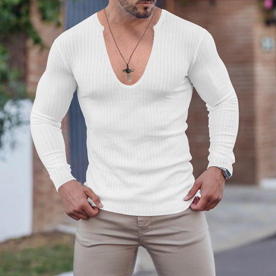Herren langarm V-Ausschnitt Shirt mit strukturiertem Design EB