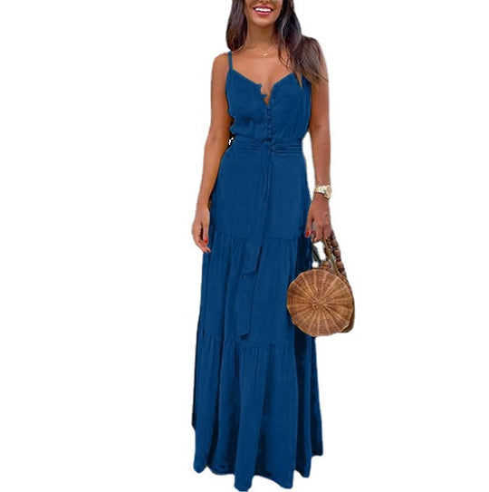 Damen Maxikleid mit Knopfverschluss und fließendem Rock EB