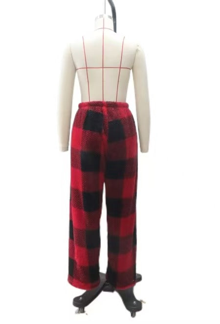 Damen nan kuschelige karierte Fleece-Hose mit Tunnelzugbund und weitem Bein EB