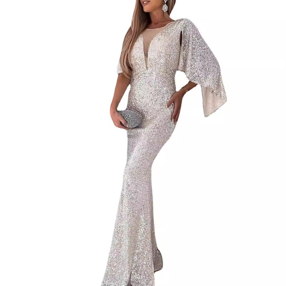 Damen Funkelndes Abendkleid mit tiefem V-Ausschnitt und weiten Ärmeln EB