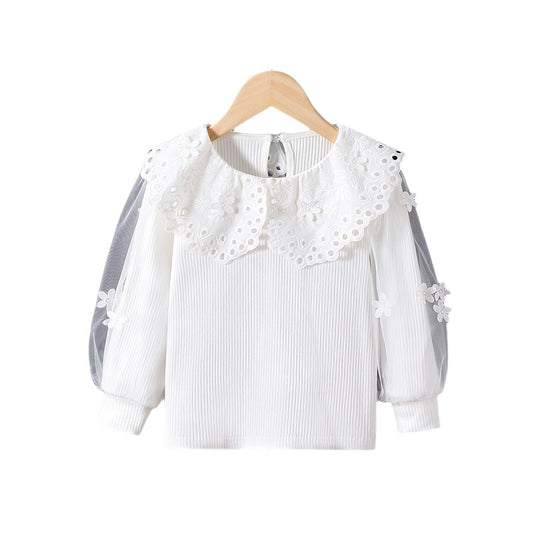 Mädchen Bluse mit voluminösen Tüllärmeln und aufwändigen Blumenstickereien EB