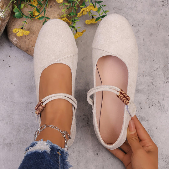 Damen  flache Mary-Jane Ballerinas aus Veloursimitat mit elastischem Zierband und gepolsterter Komfortinnensohle EB