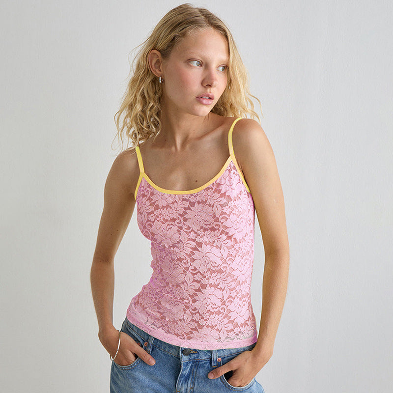 Damen Spitzen Trägershirt mit dekorativem Farbkontrast EB