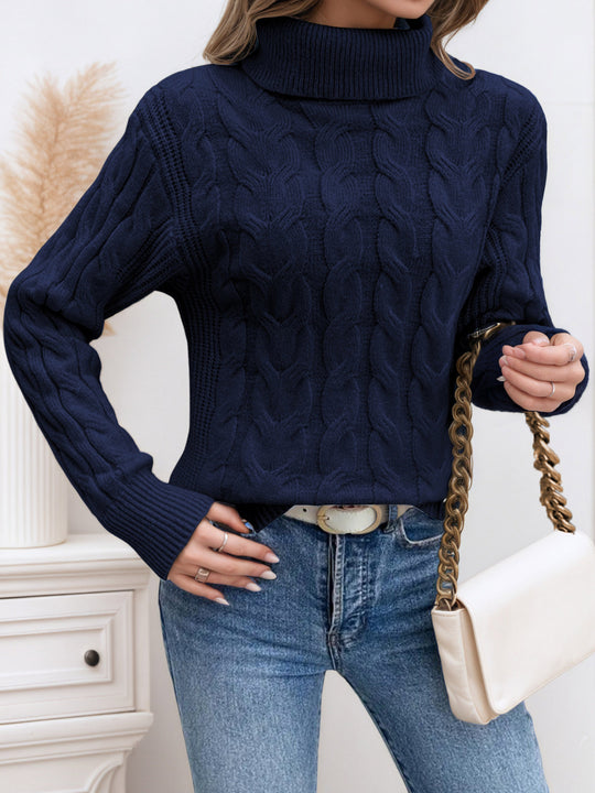 Damen Strickpullover mit hohem Kragen und Zopfmuster EB