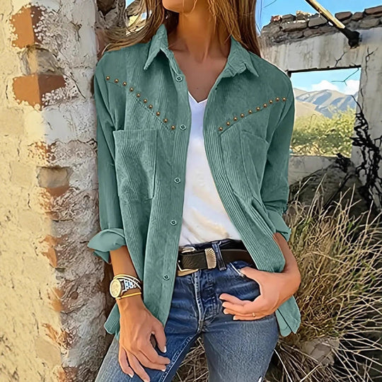 Damen Cordbluse mit eleganten Druckknöpfen und praktischen Taschen EB