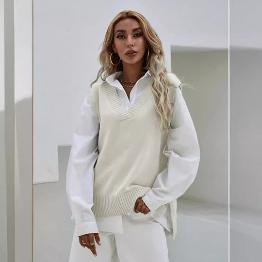 Damen Strickweste mit V-Ausschnitt und modernen Details EB