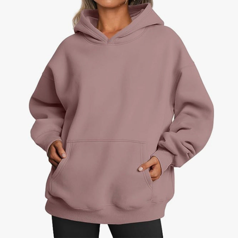 Damen nan Relax-Fleece Kapuzenpullover mit Kängurutasche, verlängerter Rücken und überschnittener Schulter EB