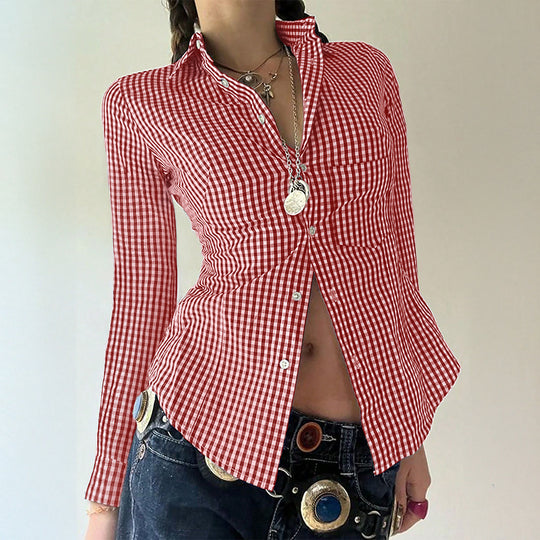 Damen nan taillierte Karobluse mit Hemdkragen, durchgehender Knopfleiste und geschwungenem Saum EB
