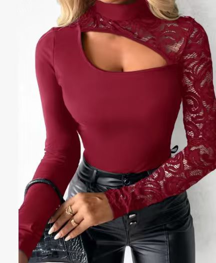 Damen Elegantes Oberteil mit transparenten Spitzenärmeln und asymmetrischem Ausschnitt EB