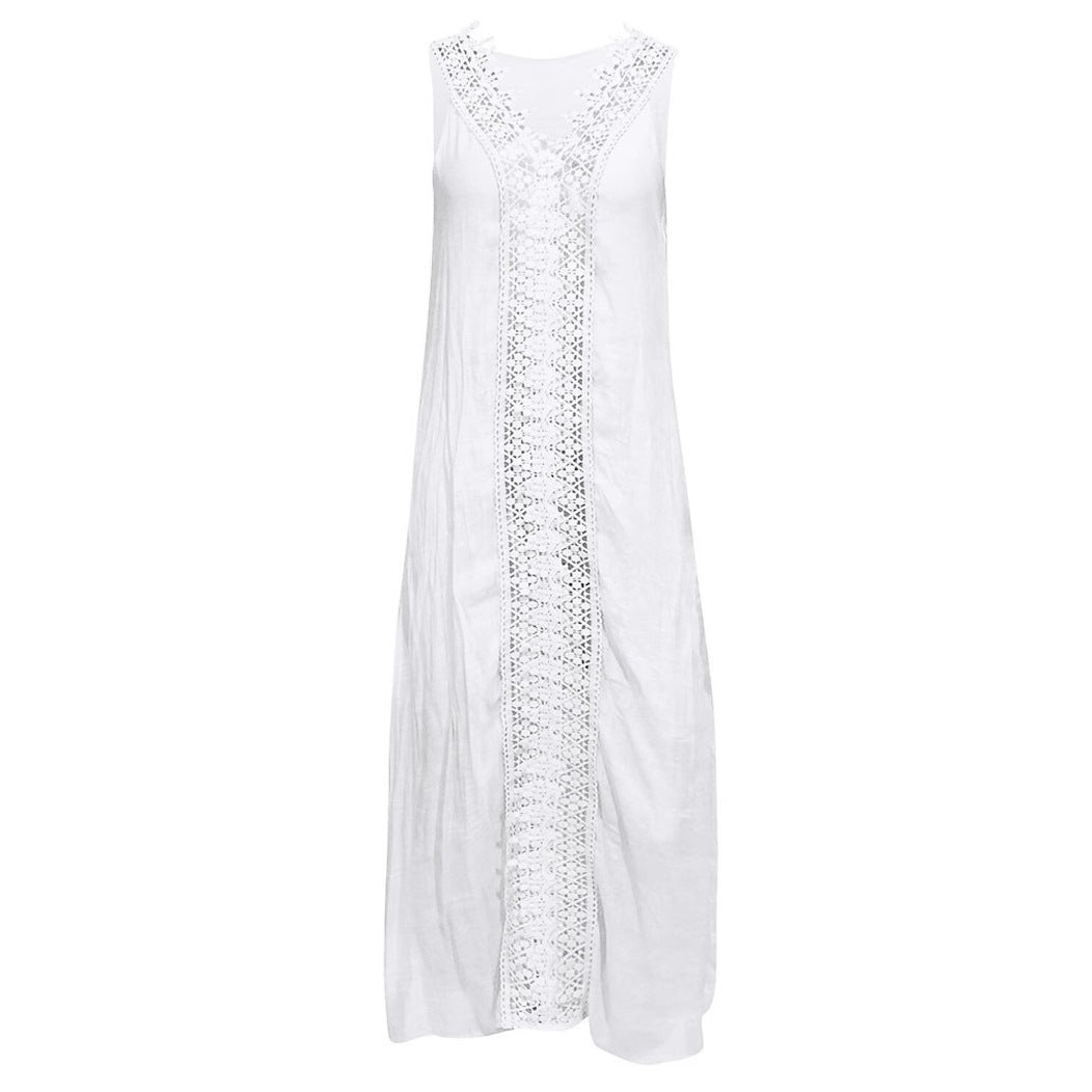 Damen Maxi-Strandkleid mit elegantem Spitzenbesatz und seitlichen Schlitzen EB